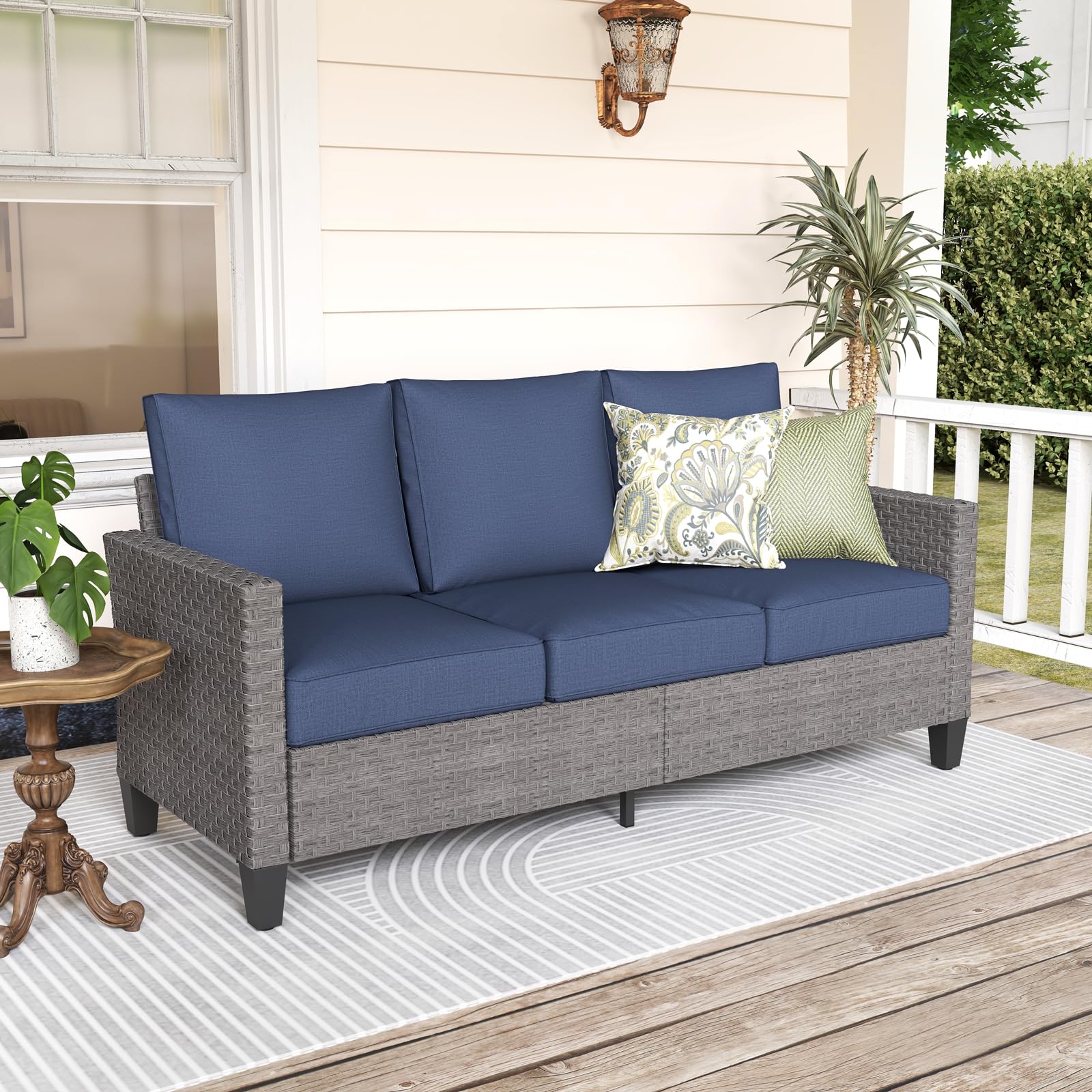 SUNSITT 3-Seater Outdoor Wicker Patio Sofa Couch with Denim Blue Cushions