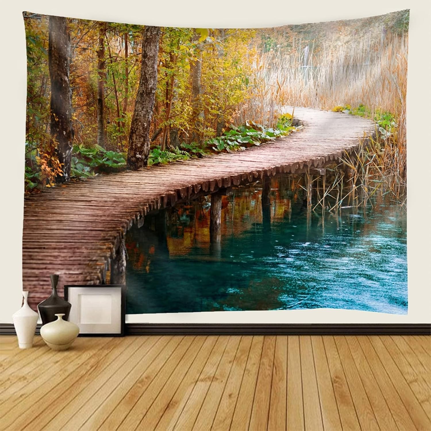 PUOJIEAT Dywan ścienny z drewnianym mostem, ozdoba na ścianę, las, dywan ścienny, estetyczny gobelin, chusta 3D, do sypialni, salonu, dekoracja ścienna, pokój 300 x 260 cm, 1072-GT