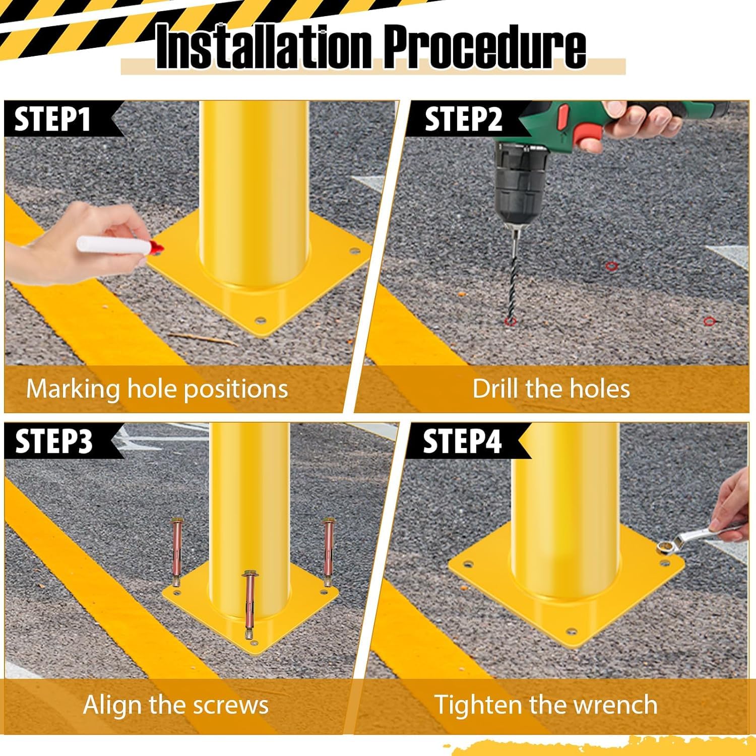 42 Inch Heavy Duty Safety Bollards Yellow Steel Posts 4.5 Inch Diameter with 16 Anchor Bolts for Traffic Control Driveway Barriers Parking Lot Protection High Visibility Security Poles 4 Pack