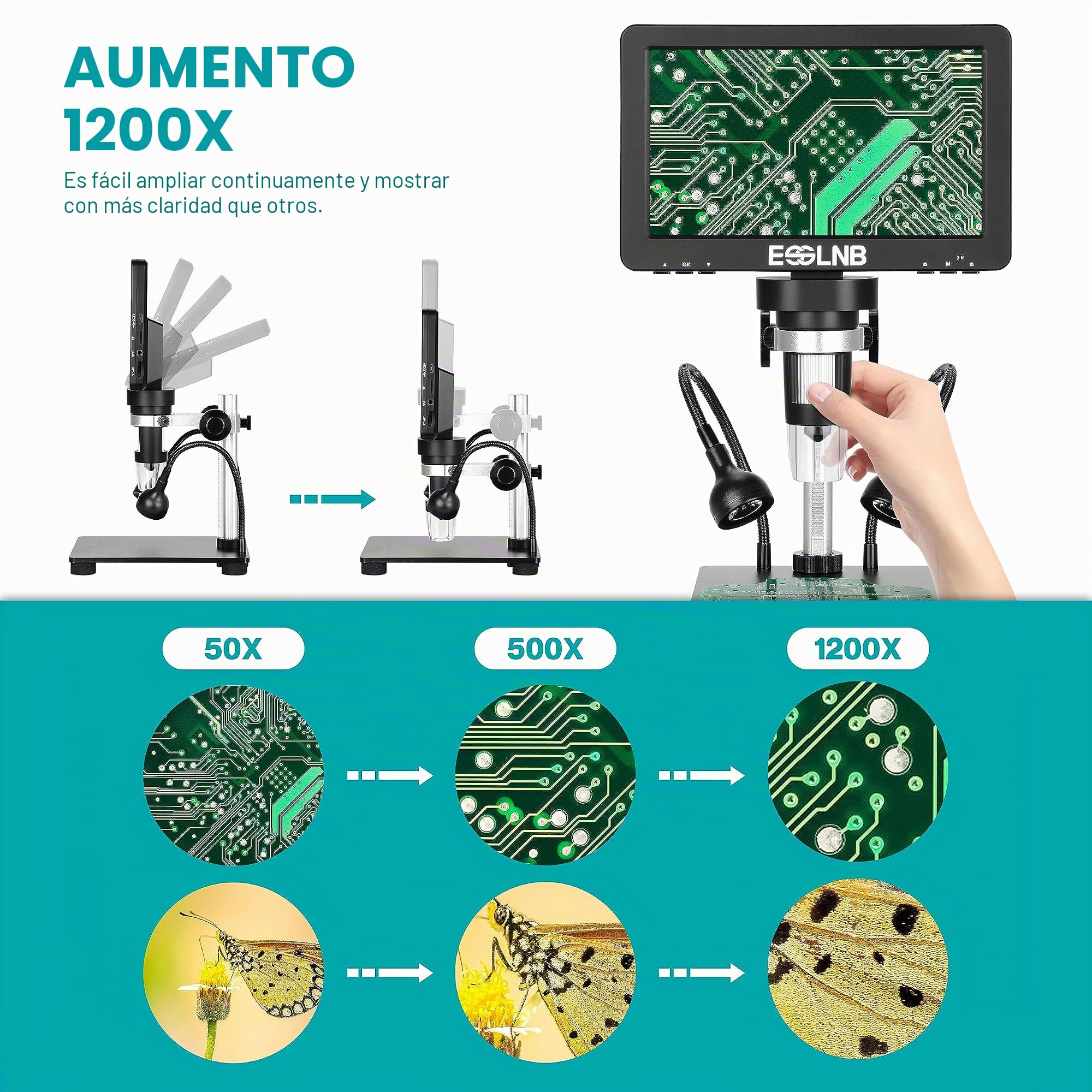 ESSLNB Microscopio Digital 7" LCD Microscopio Electronico 1080FHD Imagen con 32G Tarjeta Control Remoto 8 Luces LED Ajustables&2 Luces de Relleno Soporte de Metal Batería de Litio Recargable