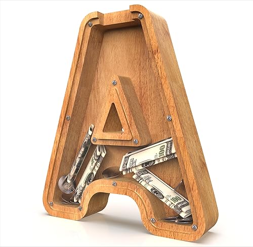 Miniatura 2 de Alcancía para niños y niñas, gran alcancía de madera personalizada con diseño recortado, letras del alfabeto, caja de ahorro de dinero, banco de