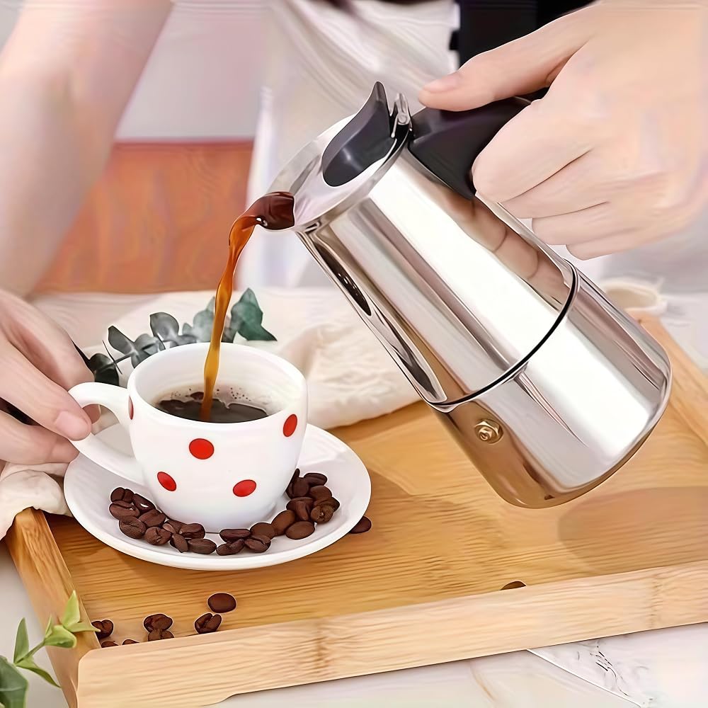 Stainless Steel Moka Pot 4-Cup Espresso Maker, Italian Stovetop Induction Ready Design for Camping and Home Use, Silver