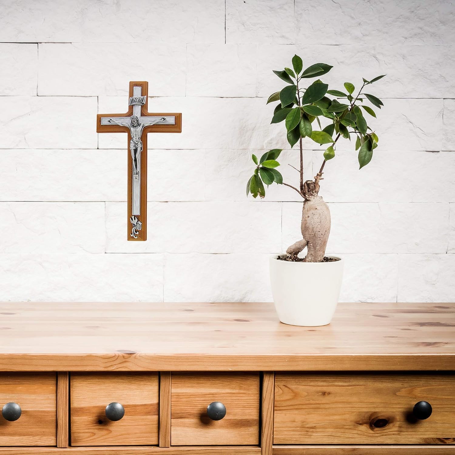 Catholic Baptism Wooden Wall Cross Crucifix with White Epoxy, 10 Inch