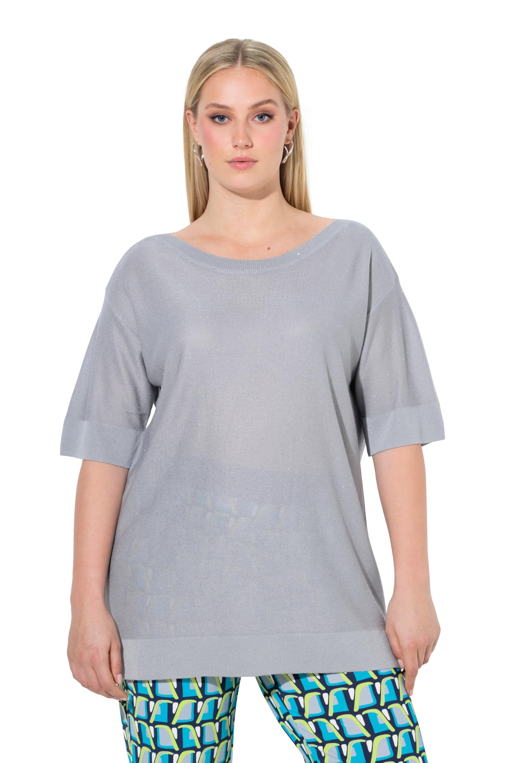 Ulla Popken Damen große Größen Übergrößen Plus Size Pullover, Pailletten, Oversized, U-Boot-Ausschnitt, Halbarm 847347