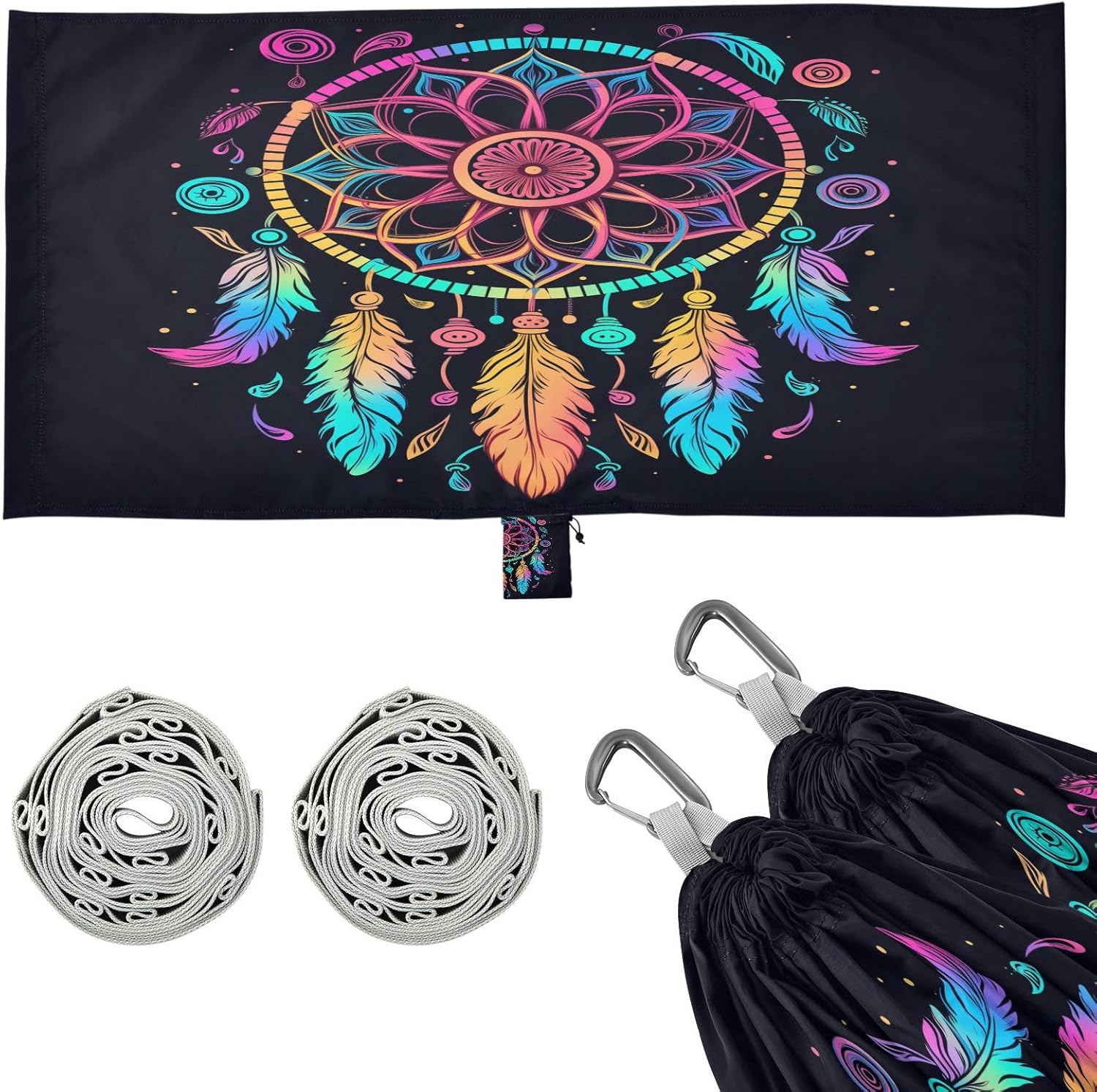 ALAZA Rainbow Dreamcatcher Bohemian Camping Hammocks Single or 2 Person 500 lbs Portable Parachute Travel Hammock w/Tree Straps for Hiking Backpacking Indoor Outdoor