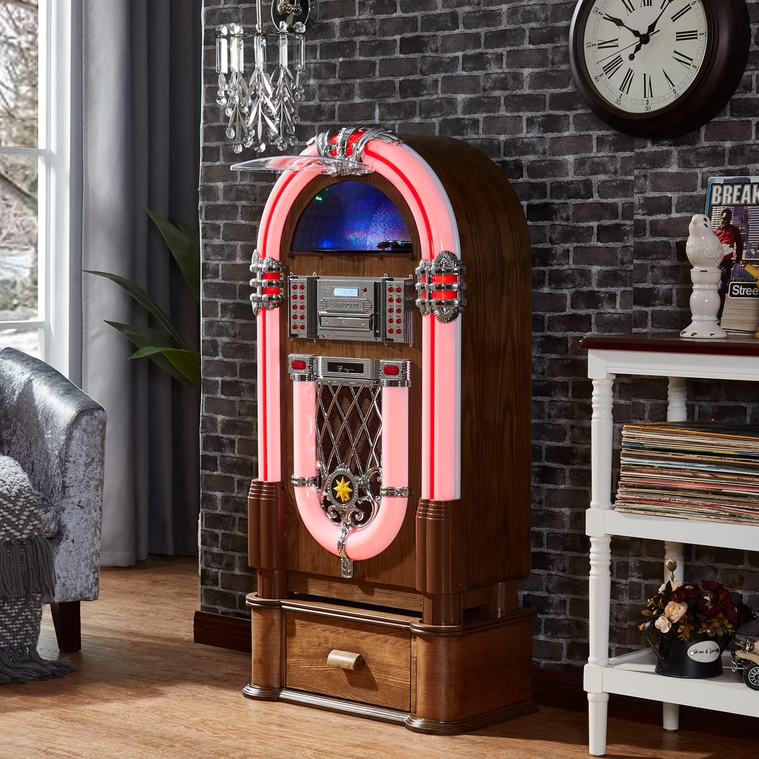 Arkrocket Full Size Jukebox Vinyl Record Player Bluetooth USB SD CD Player Radio Retro Turntable Classic Jukebox (Taurus II + Stand - Oak)