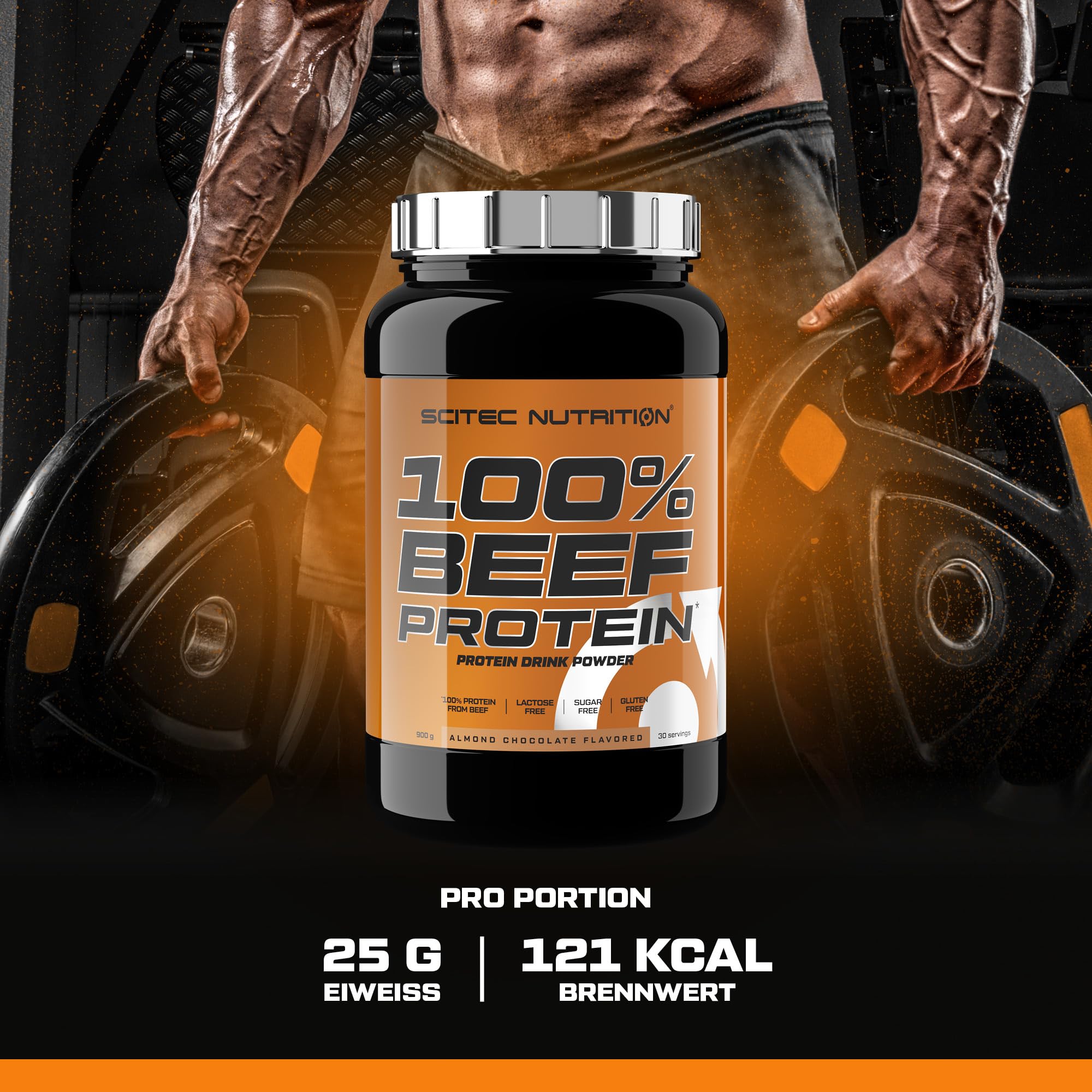 Scitec Nutrition 100% Beef Protein - Aromatisiertes Protein Getränkepulver - Laktosefrei, Zuckerfrei, Glutenfrei, 900 g, Mandelschokolade