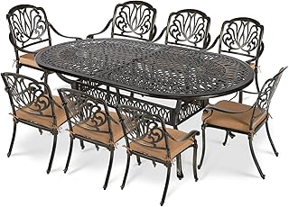 VIVIJASON 9-Piece Outdoor Furniture Dining Set, All-Weather Cast Aluminum Patio Conversation Set, Include 8 Cushioned Chairs and an Oval Table with Umbrella Hole for Balcony Lawn Garden Backyard