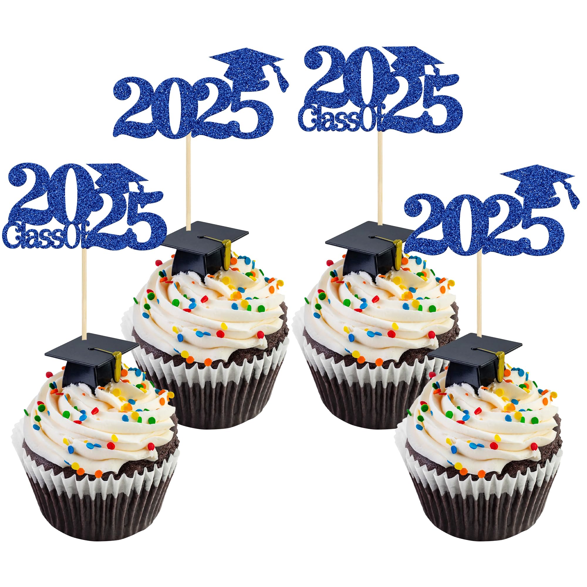 Gyufise 24Pcs 2025 Graduation Cupcake Toppers Blue Glitter Class of ...