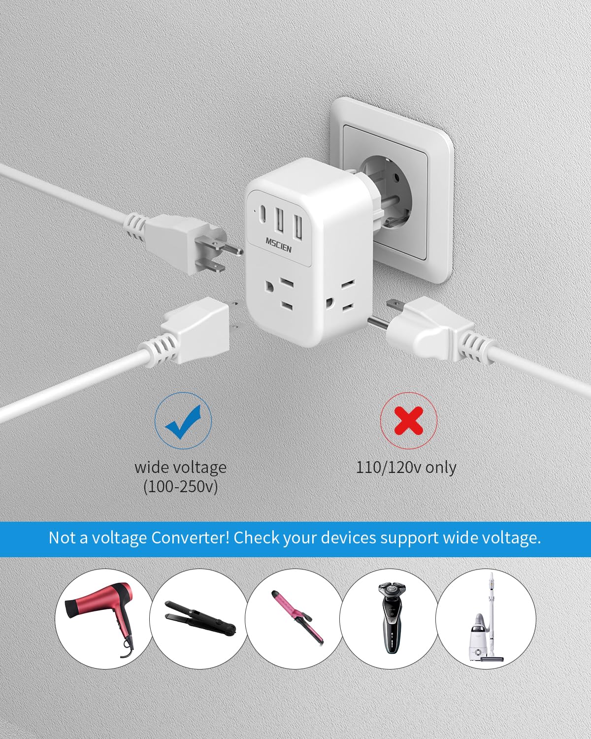 Mscien Adaptateur de voyage type E/F, Allemagne, France, adaptateur secteur, prise Schuko avec 3 prises CA, 3 USB (1 USB C), adaptateur prise US vers Europe, UE