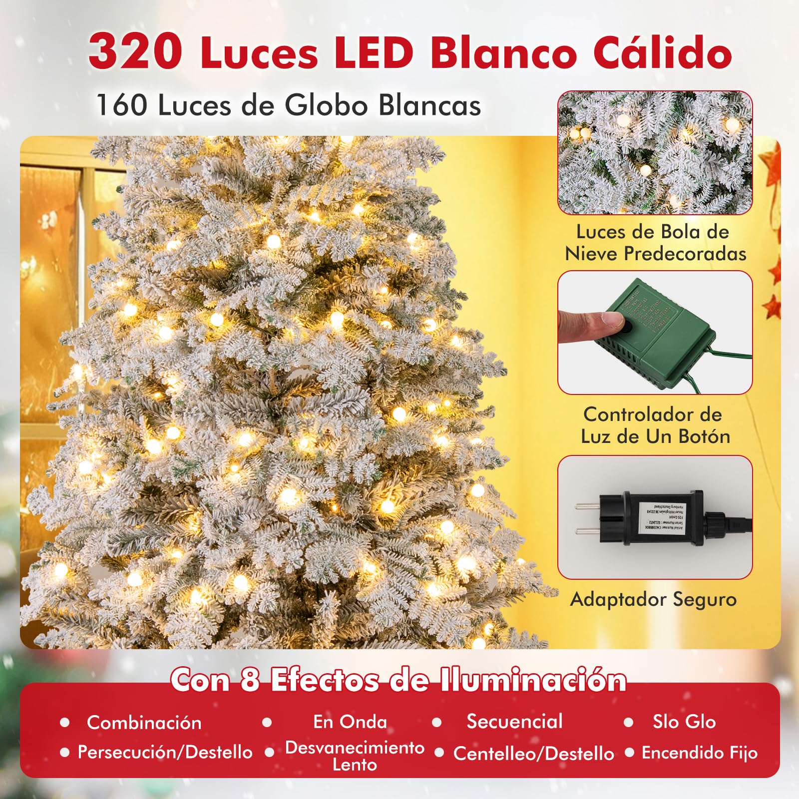 COSTWAY Árbol de Navidad Nevado 210cm, Arbol de Navidad con Luces Incorporadas, 160 Bolitas Destellantes, 320 Luces LED, Blanco Cálido, 8 Modos, 806 Puntas de PVC y PE, Arvore de Natal W/Light (210cm)