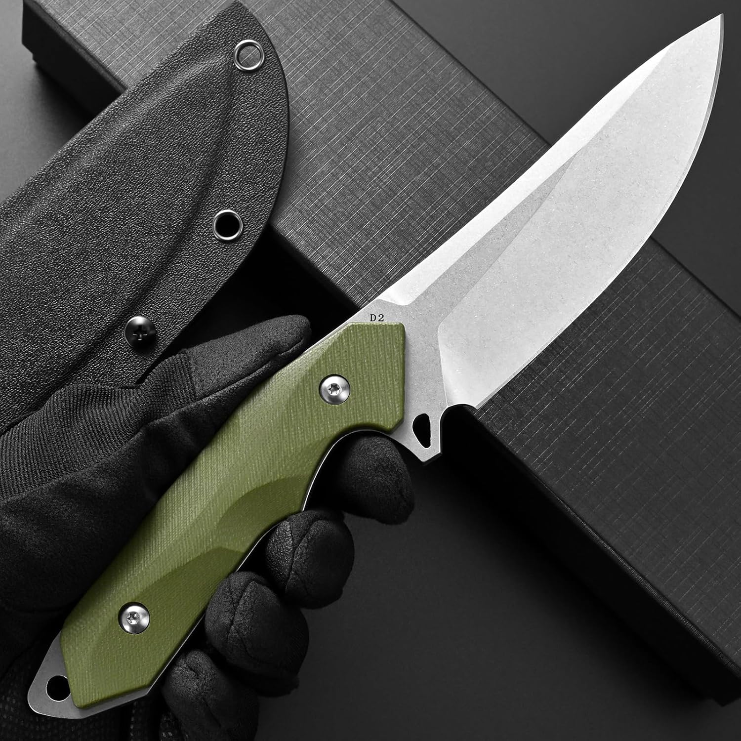 Eafengrow EF122 Fixed Blade Knife D2 Steel Blade G10 Handle Pocket Knives Fixed Knife, Survival, Outdoor Camping Survival Tool Knives, Kydex Sheaths (Green)