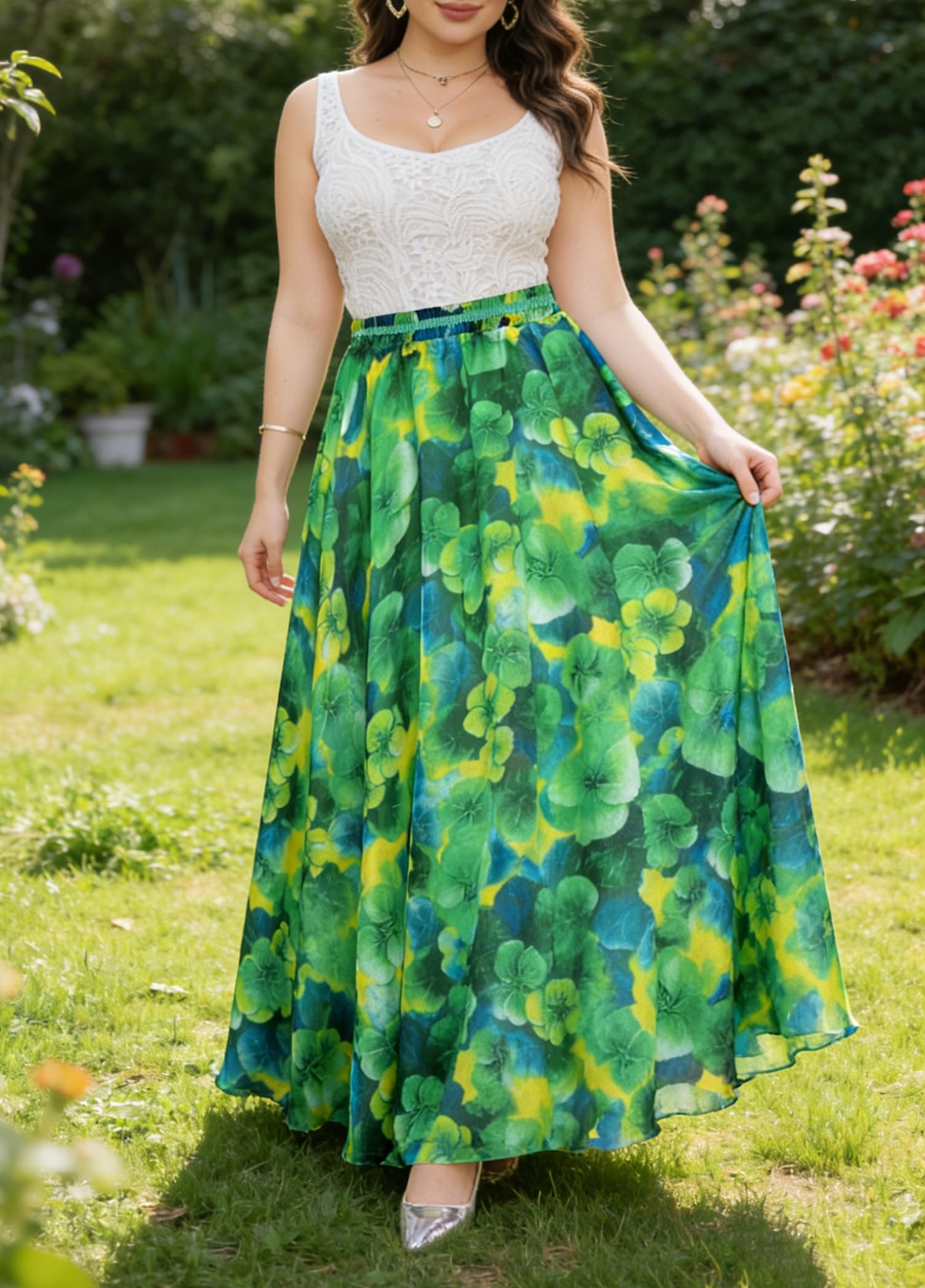 Afibi Womens Blending Chiffon Retro Long Maxi Skirt Vintage Dress