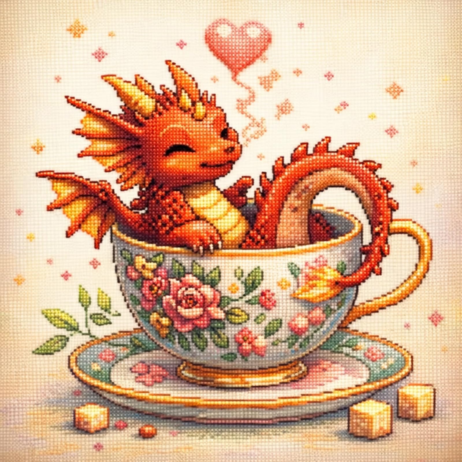 Teacup Fire Dragon Full 14CT 2 Strands DIY Stamped Cross Stitch Kits for Beginners Adults Home Wall Decor Cross Stitch Art and Crafts Kits 40x40cm