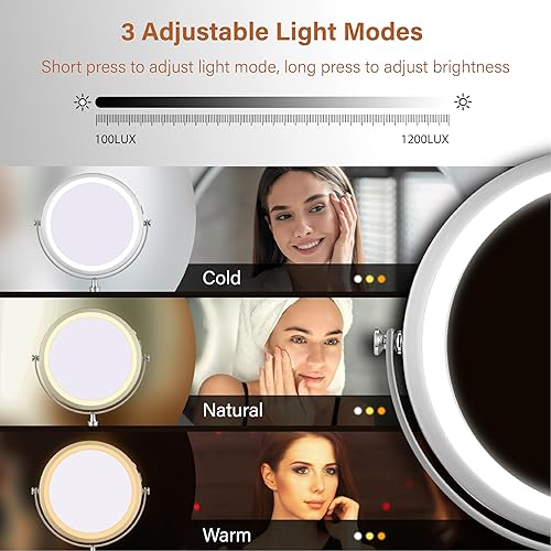 Miniatura 6 de VESAUR Espejo de maquillaje iluminado, 9 pulgadas, grande, recargable, 1X10X, espejo de aumento HD de doble cara con 3 colores, espejo de tocador
