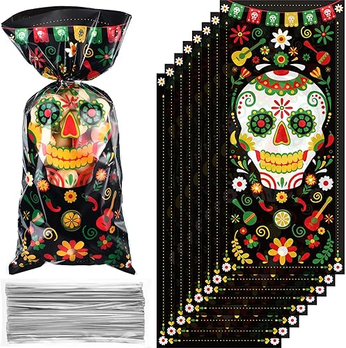 Outus 100 bolsas de regalo del Día de los Muertos, bolsas de plástico de celofán negro con 100 lazos plateados para decoraciones de Halloween,