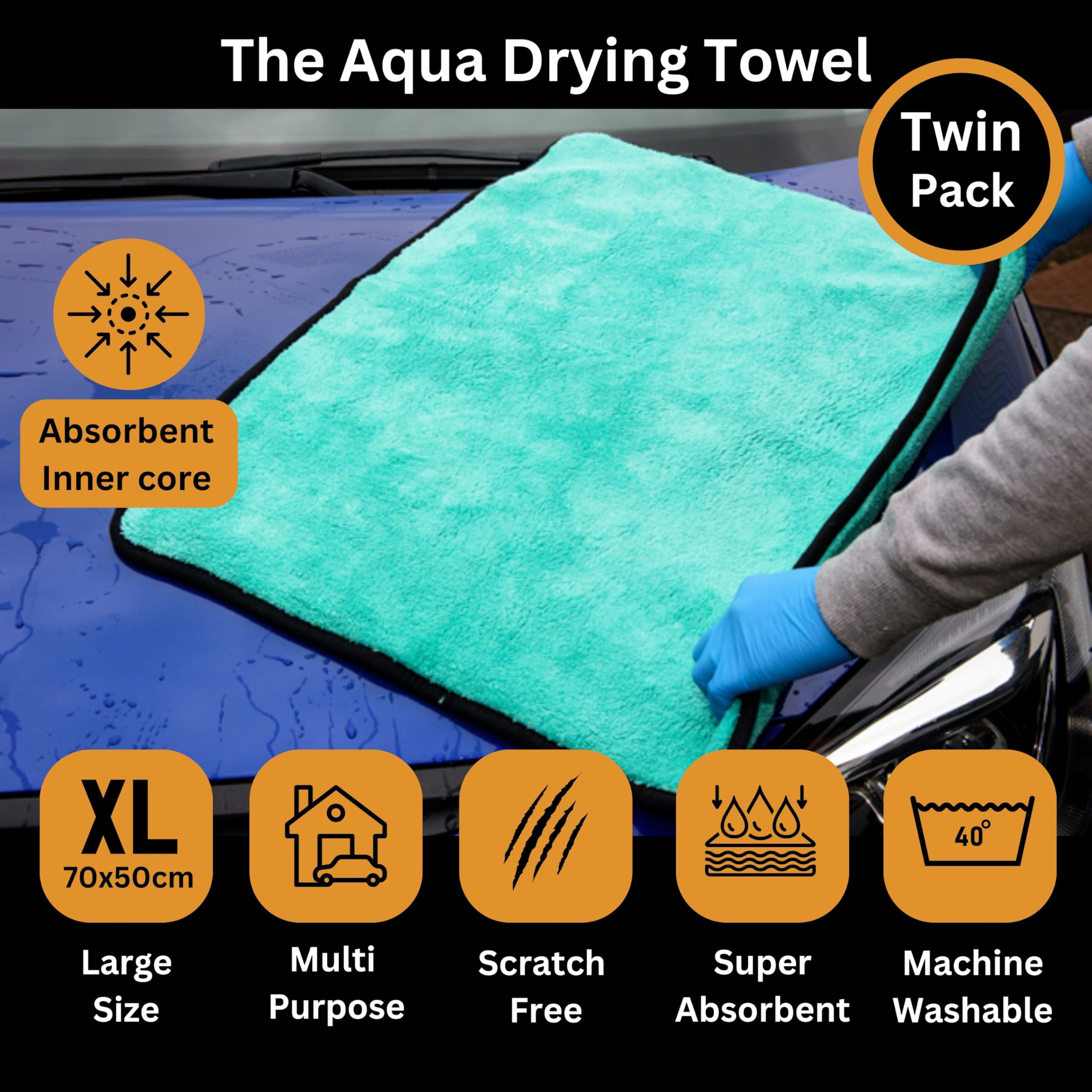 Tek Automotive Aqua - Juego de 2 toallas de secado de coche de lujo de 1200 g/m², paños de microfibra extra grandes (50 x 70 cm), superabsorbentes, ultrasuaves, para limpieza, detalles, pulido y