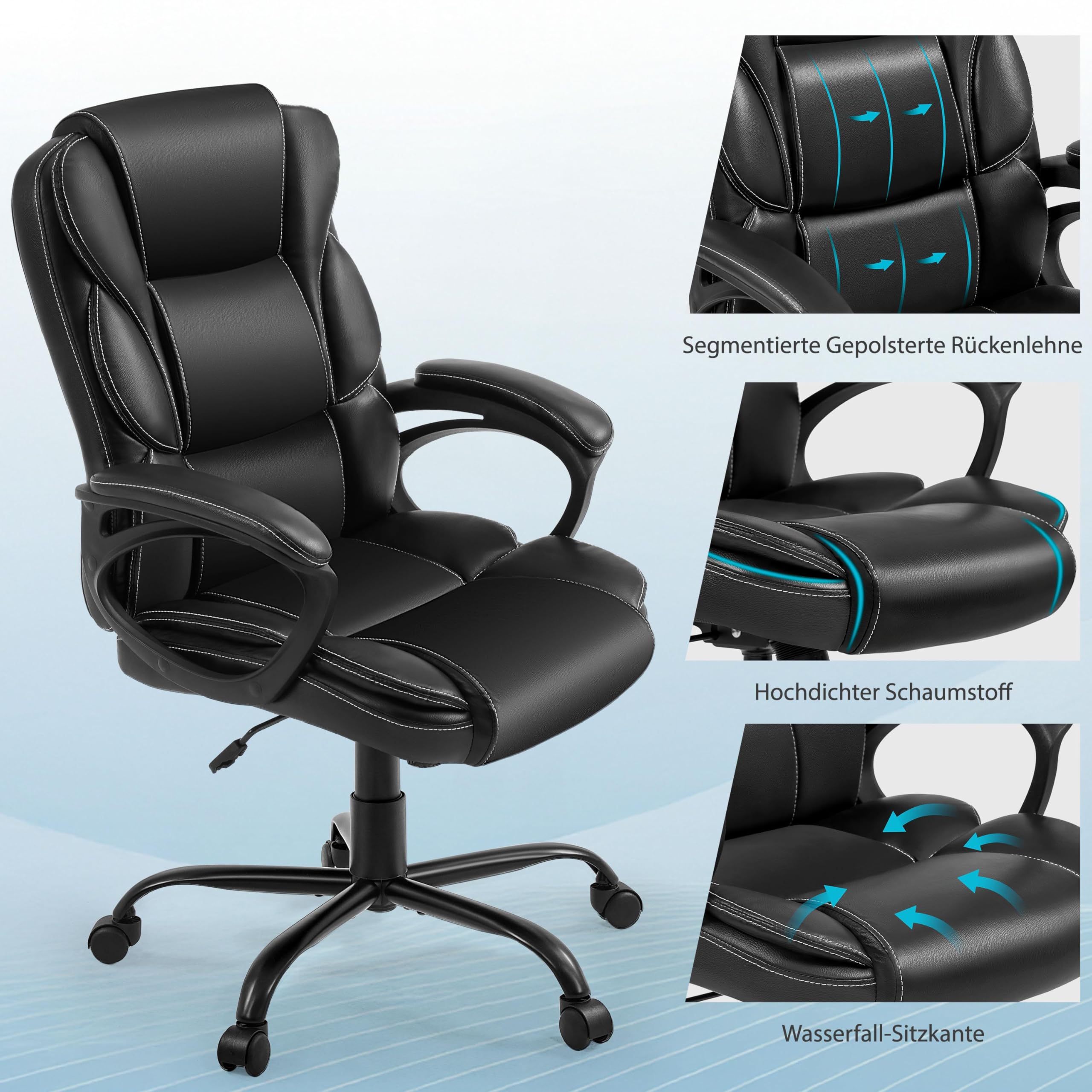 Yaheetech Bürostuhl Schreibtischstuhl, Chefsessel aus Kunstleder, Drehstuhl mit Rollen, Computerstuhl mit Hoher Rückenlehne, Wippfunktion, Belastbar bis 136 kg, Schwarz
