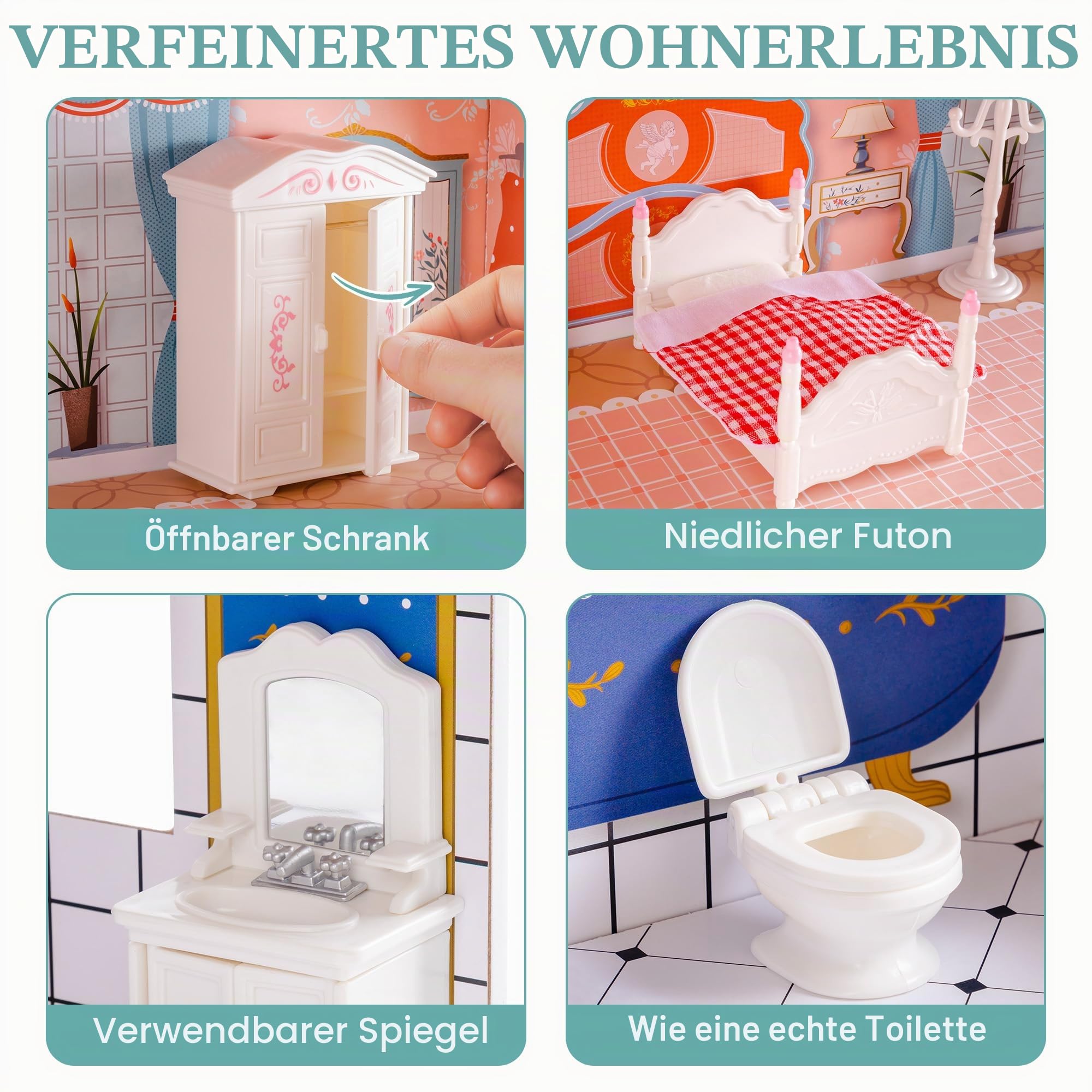 ROBUD Puppenhaus aus Holz mit Möbeln und Zubehör Mädchen Häuser Spielhaus Spielraum Spielzeug für Kinder
