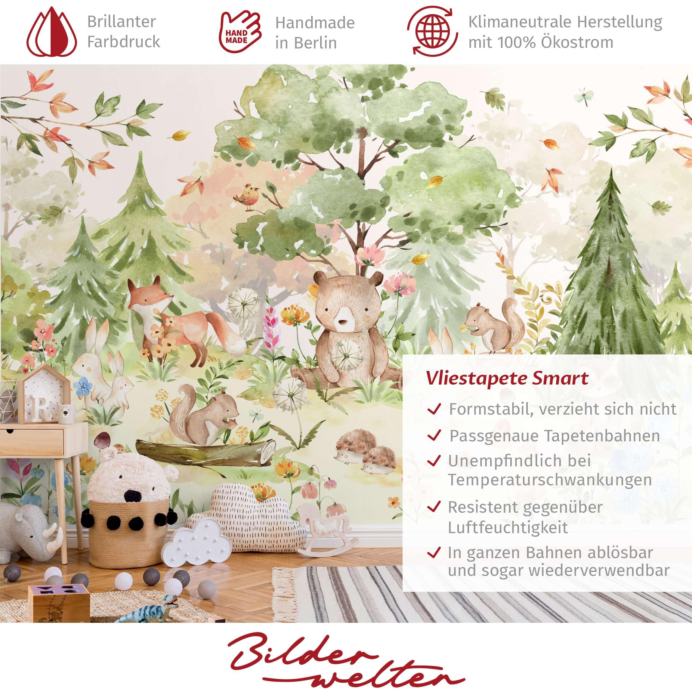 Bilderwelten Fototapete Babyzimmer Aquarell Waldtiere 190x288 cm Vlies-Tapete XXL Smart Wandtapete Wanddekoration Kinder Kinderzimmer