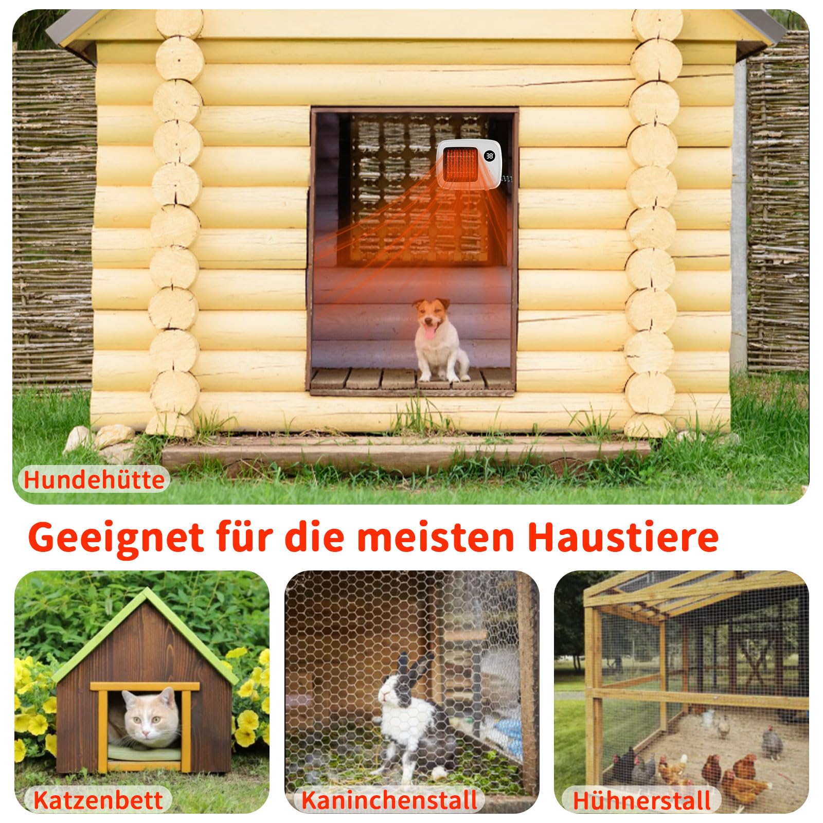 PAKESI Calefactor de 600W con termostato, Calefactor de Exterior para casetas de Perros con Cable Anti masticación, Calefactor Seguro para gallineros y conejeras