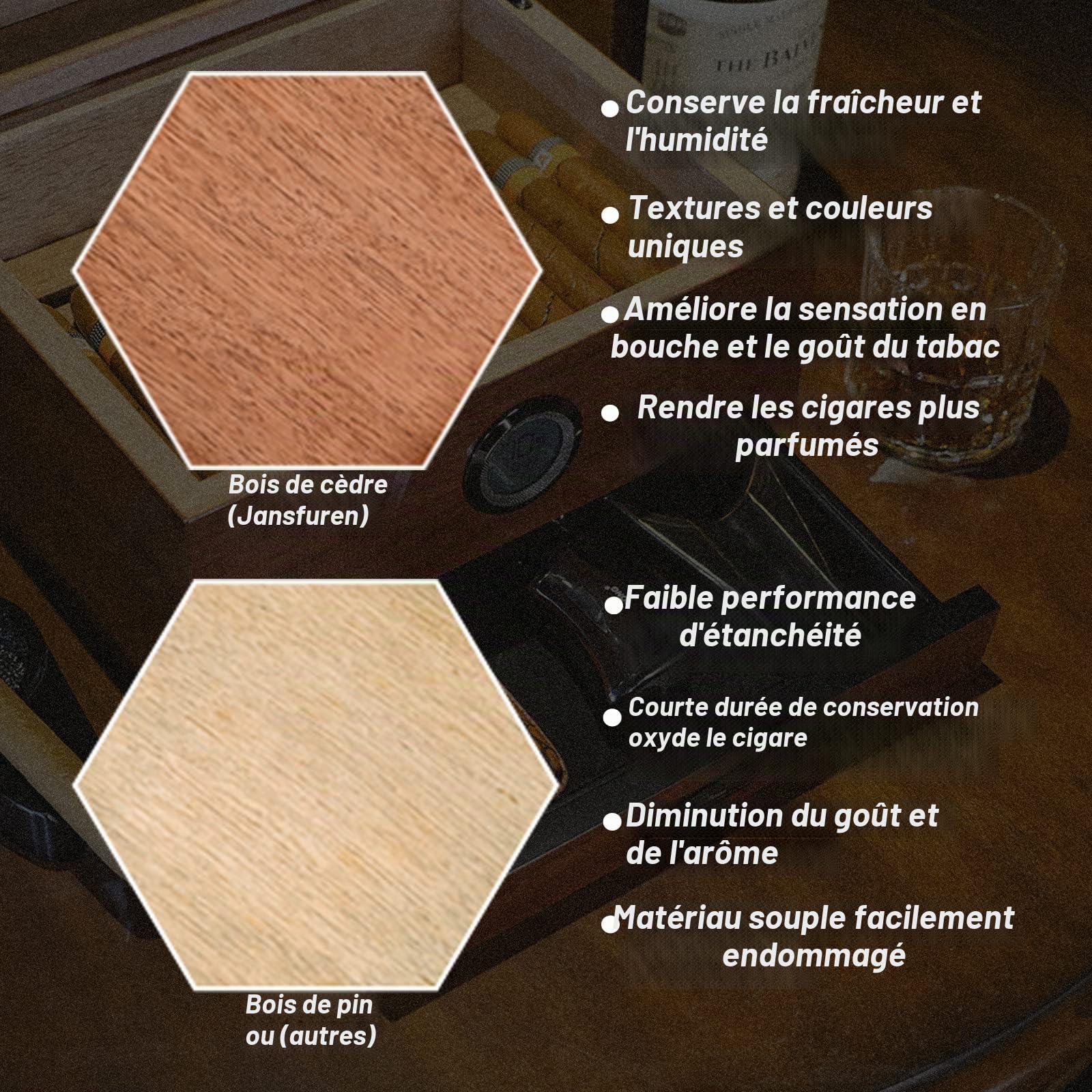 Cave à cigares avec affichage en verre, hygromètre numérique avant et tiroir pour accessoires, boîte de rangement en bois de cèdre espagnol, fait à la main, peut contenir 25 à 55 cigares