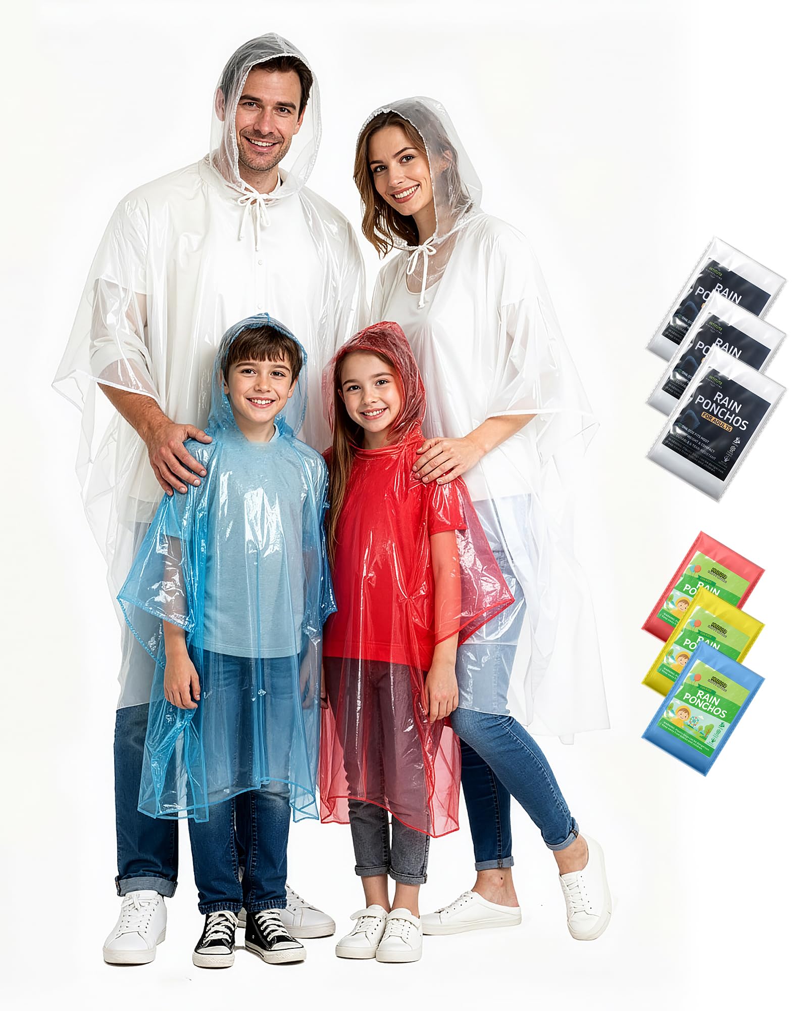 Hitituto Rain Ponchos Family Pack Kids– 6/12/24 Pack Disposable Poncho with Hood, Clear &amp; Assorted Colors, Home Survival Kits