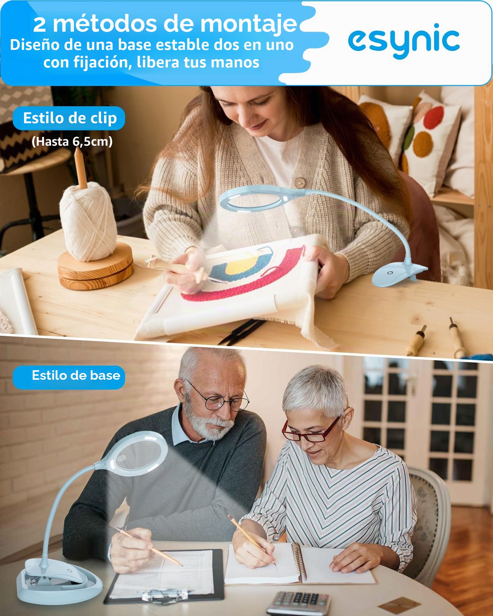 eSynic Lámpara de Aumento de 5X 10X LED Recargable Lupa Lámpara con Abrazada de Metal Lente de Lupa de Vidrio Óptico Iluminado y 3 Configuraciones de Luz Ajustable para Leer, Hobbies, Manualidades