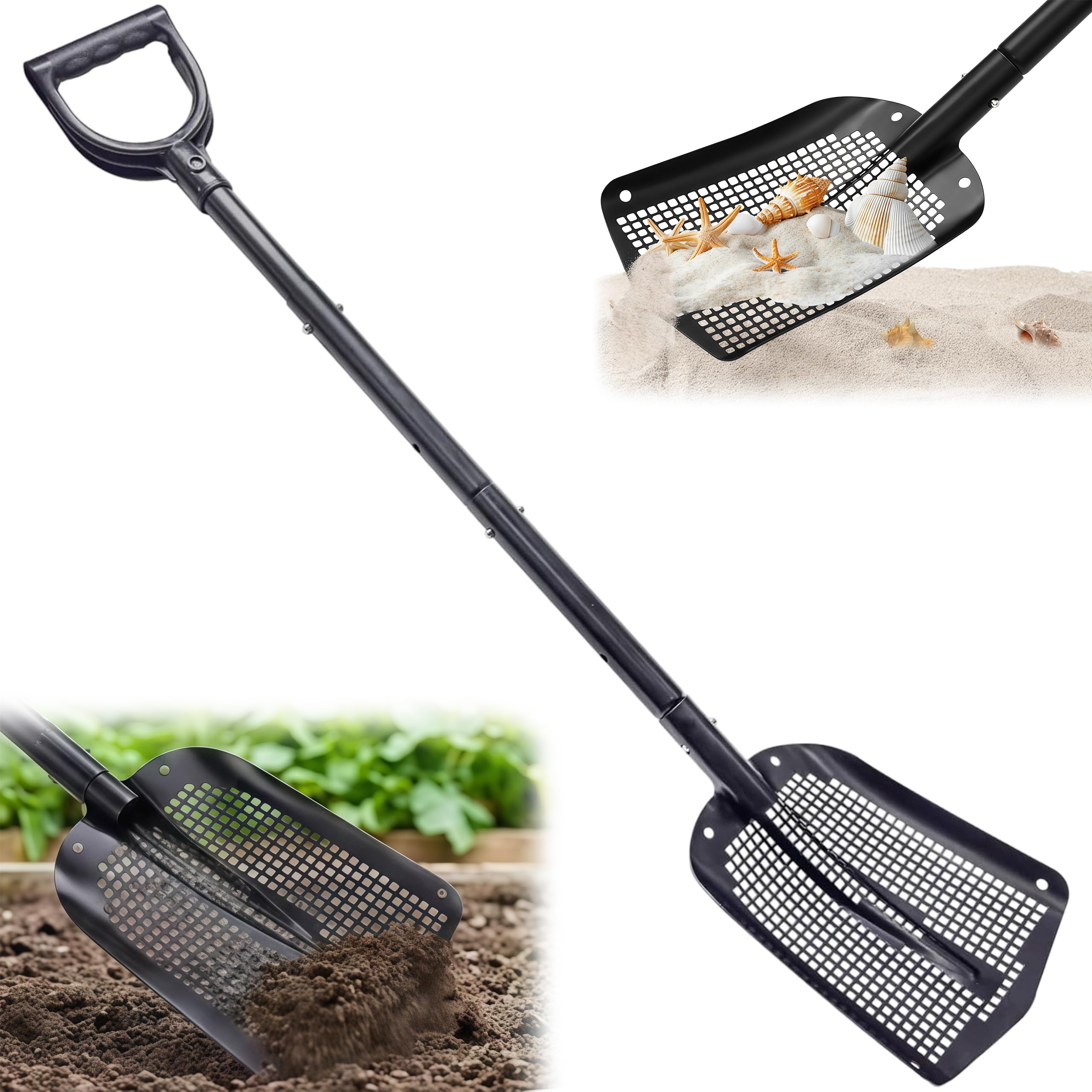 Tragbare Siebschaufel mit 59-118 cm Einstellbar Griff Gartensieb Aluminiumlegierung Sandschaufel Strandschaufel Scooper Garten für Schatzsuche Hühnerstallreinigung Sieben von Kies