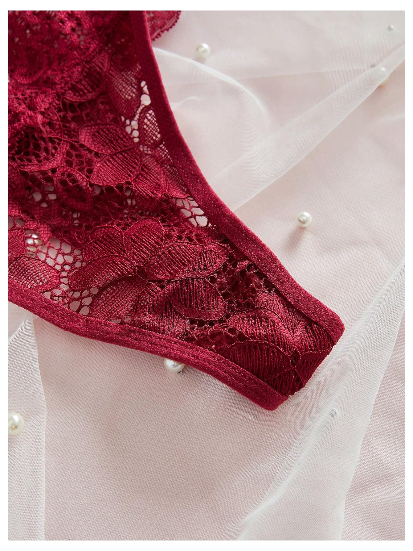 Verdusa Women's Lingerie Sets 6 Piece Lace Bow Floral Underwear Bras Wireless Padded Bra and Panty Set: Medium Burgundy
