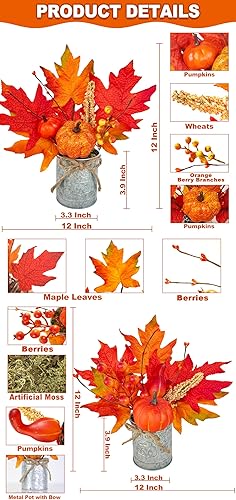 Miniatura 2 de Paquete de 2 decoraciones de otoño de 12 pulgadas, decoración de mesa de otoño, arreglo de calabaza con hojas de arce, trigo con bayas, musgo