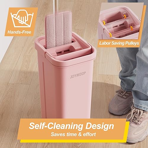 Miniatura 2 de JOYMOOP Juego de trapeador y cubo rosa con escurridor para el hogar, con 3 almohadillas de microfibra reutilizables, sistema de autolimpieza manos
