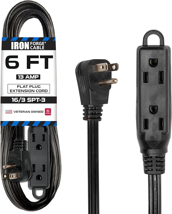 Iron Forge Cable 6 ft Flat Plug Black Extension Cord with 3 Outlets - 16/3 SJTW 3 Prong Indoor Extension Cord with Multiple Outlets