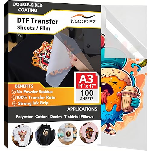 NGOODIEZ DTF Transfer Film Sheets A3 11.75" x 17" 100 Sheets - Premium DTF Paper for DTF Printer - Double-Sided Matte, 5-Layer Coating for T-Shirt Heat Transfer - DTF Transfer Sheets