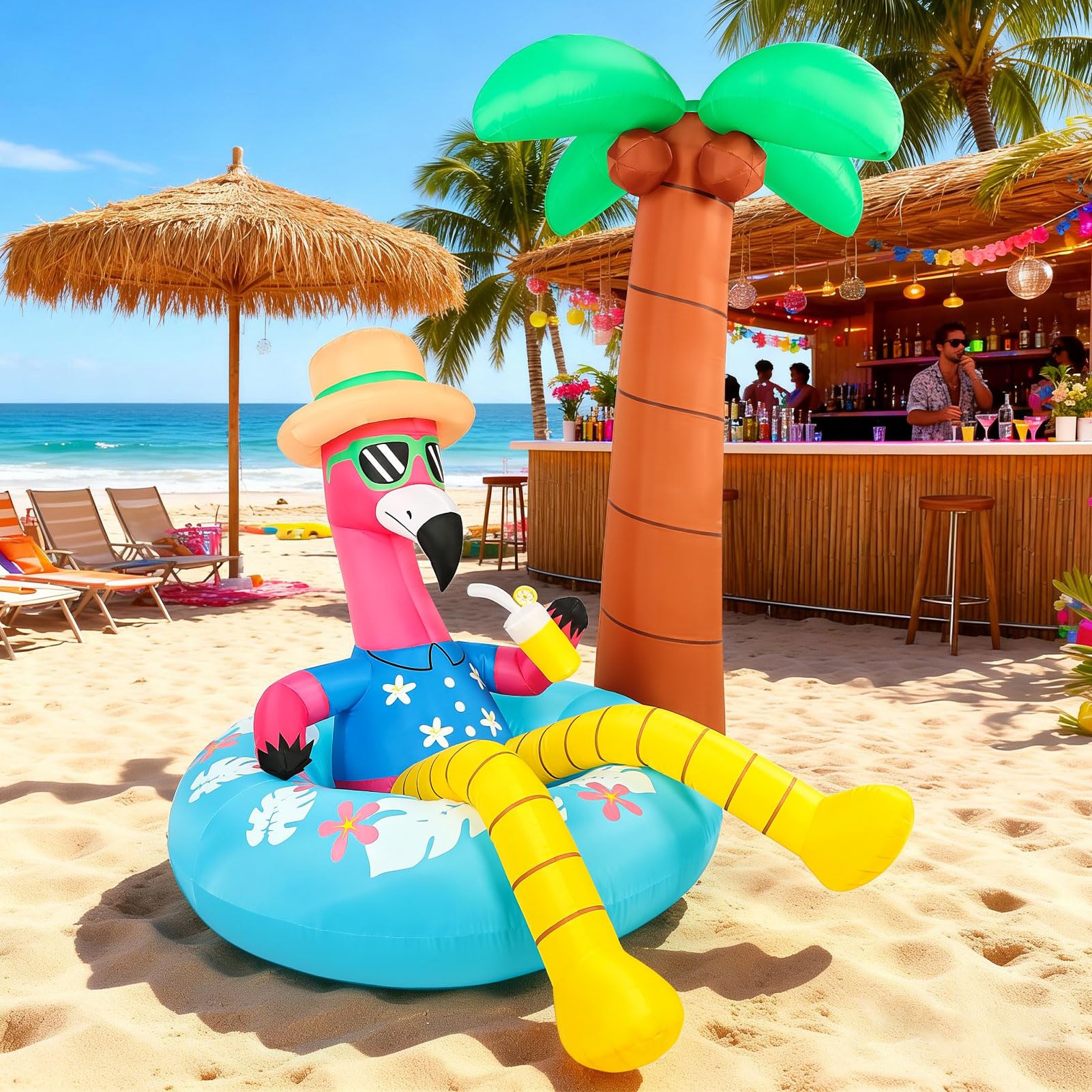 Flamant rose gonflable avec palmier de 1,8 m - Décoration d'été gonflable avec lumières LED pour fête tropicale Luau, plage, piscine, cour, jardin, pelouse