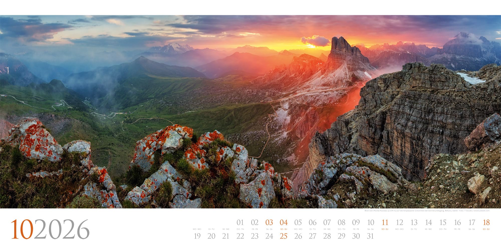 Dolomiten Kalender 2026 | Bildgewaltiger Berge-Kalender im schlanken Querformat (66x33 cm) | Südtirol für Alpinist:innen und Wander:innen