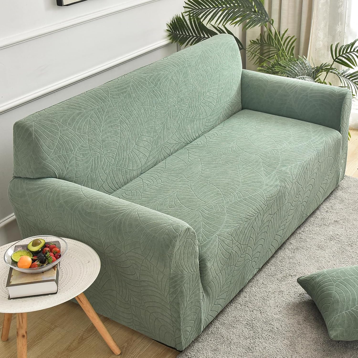 vctops Water Repellent Super Stretch Chair Sofa Slipcover Soft Leaf Jacquard Couch Sofa Cover Non-Slip Furniture Protector with Elastic Bottom for Kids, Pet (Green,Chair)