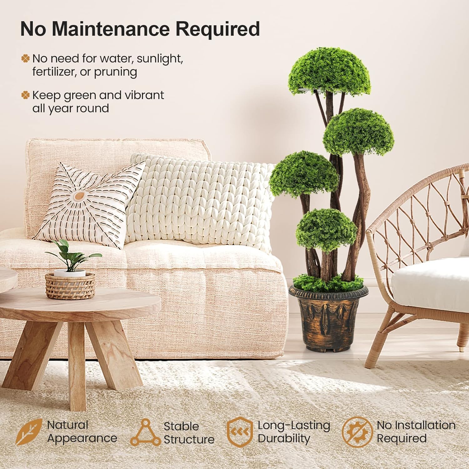 outdoor basic Sztuczny cyprys Topiary Ball Tree, Polietylen, Cement, Polichlorek winylu, Zielony
