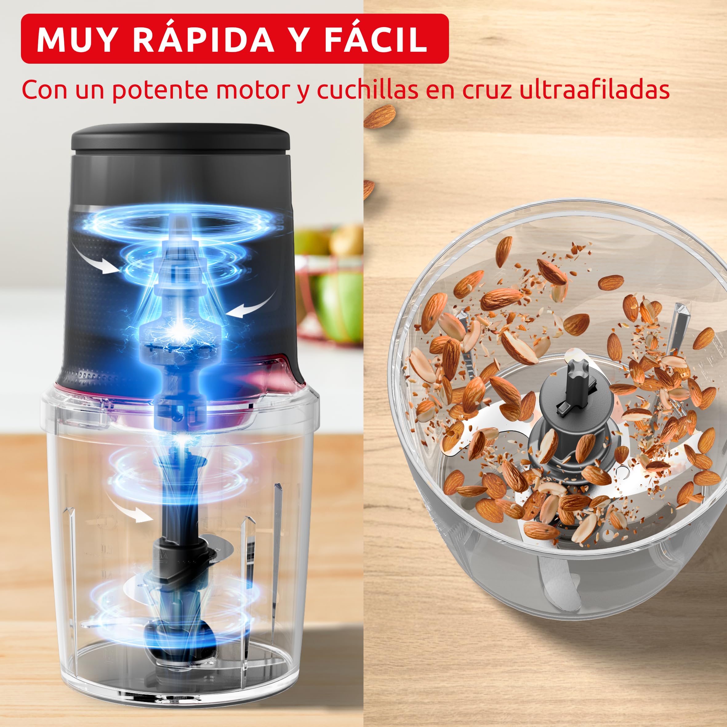Moulinex Easy Press, Picadora de alimentos, 600 W, Capacidad de 500 ml, 4 cuchillas afiladas de acero inoxidable, Tecnología Safe Start Advanced, 3 funciones, Apta lavavajillas, Gris, AT740HF1