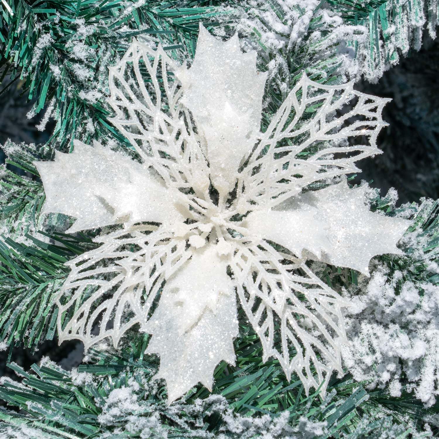 Tuocal10 Pieces Glitter Poinsettia Christmas Decorations, 6.3“ Large Artificial Poinsettia Flowers Christmas Tree Ornaments for Xmas Tree Wedding New Year Xmas Garland Wreath Home Party Decor, White