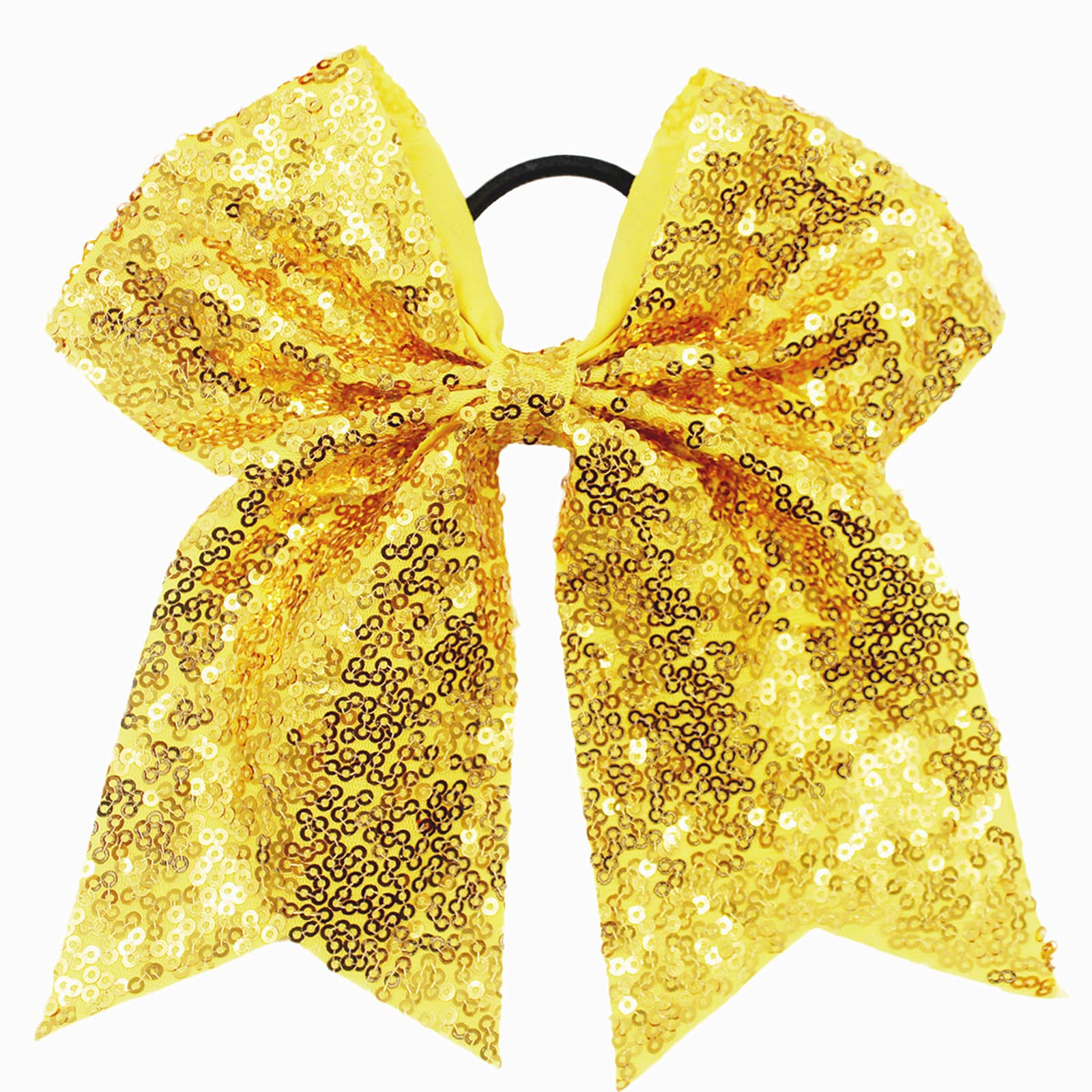 6.5 Inches Sequins Hair Bows Elastic Hair Tie Ribbon Large Cheer Bow Ponytail Holder Hair Band for Women Girls Kids Teens (Yellow)