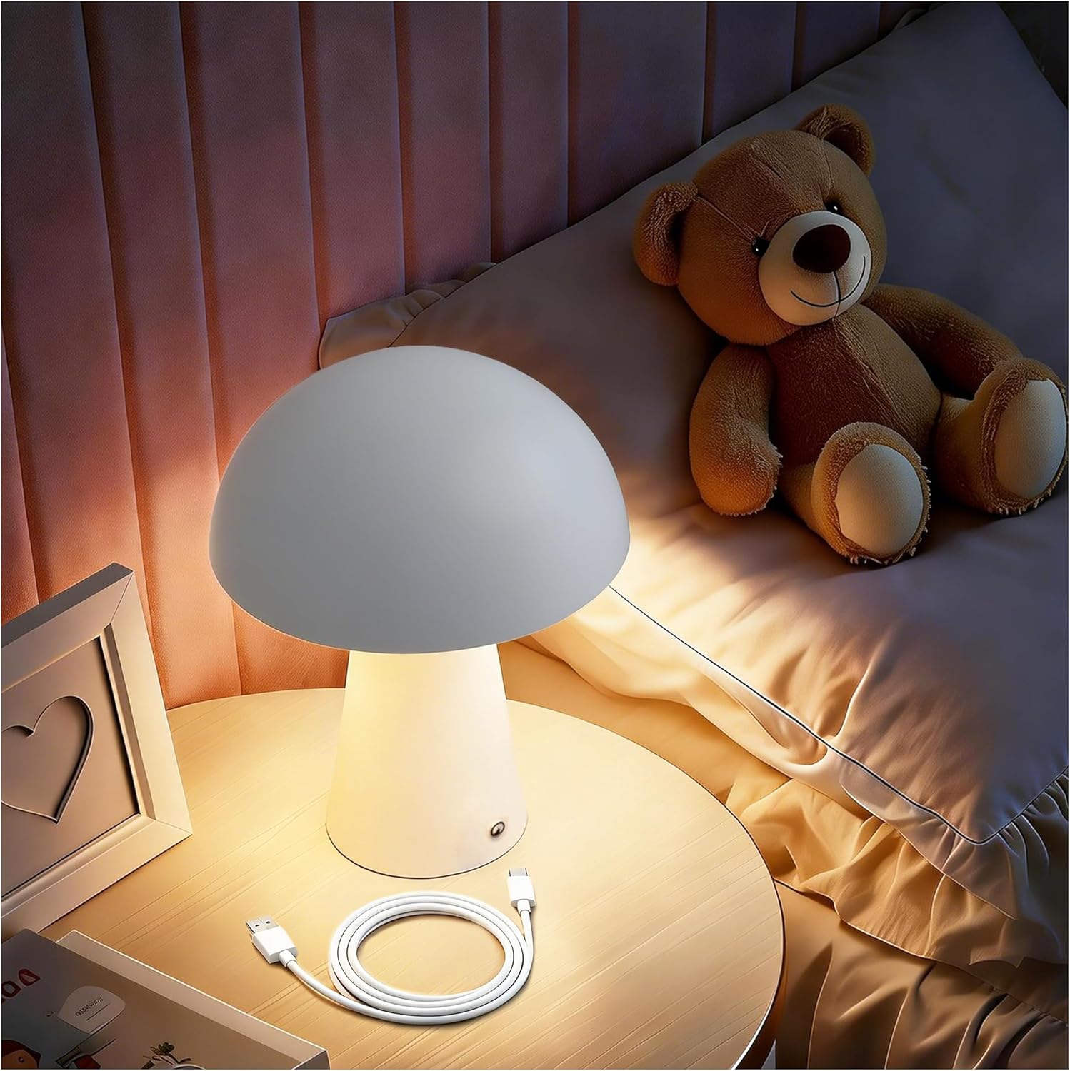 Mushroom Night Light, Rechargeable Cordless Table Lamp for Bedroom, Dimmable LED Night Lights for Toddler , Baby Essentials for Newborn, Stocking Stuffers for Teen Boys, Dorm Room Essentials,white