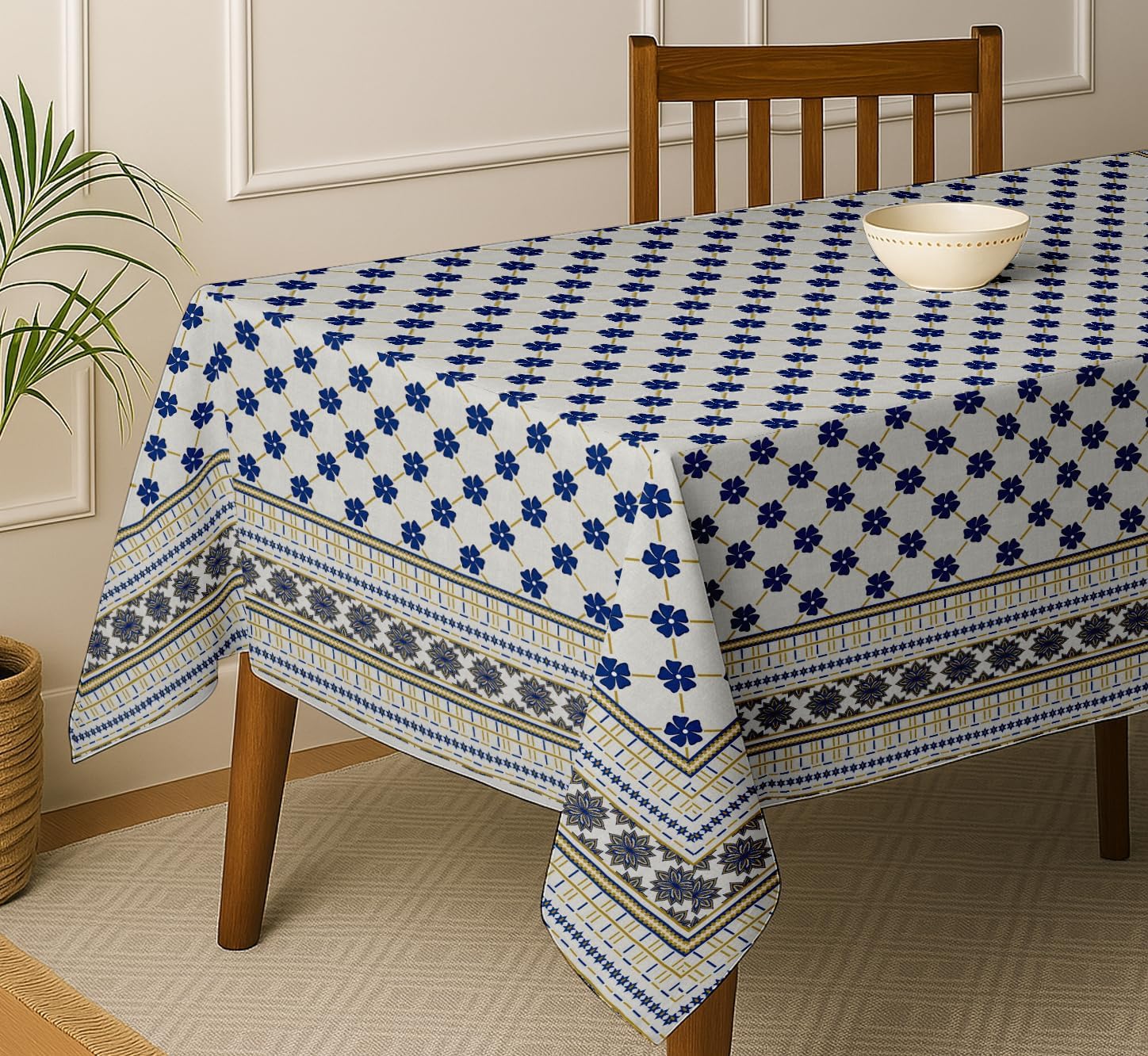 Floral Design Tablecloth - White 54X54 Inch Cotton Twill Dining Table Cover, Perfect for 4 Seater Tables, Durable, Washable, Wrinkle Resistant, Ideal for Festive Occasions & Gatherings