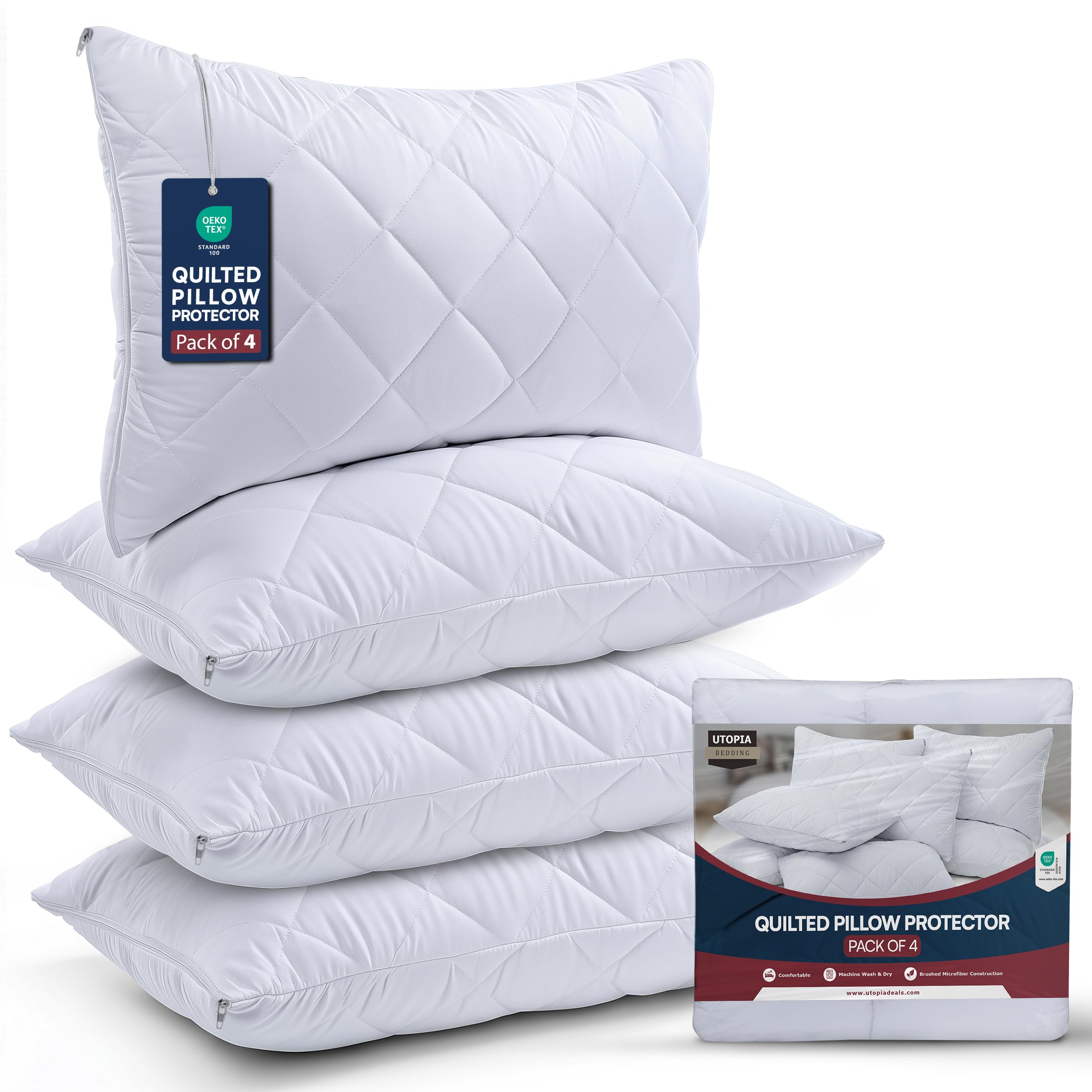 Utopia Bedding Pillow Protector 50x75 cm Quilted Zippered, Soft & Breathable Microfiber Pillowcase Protectors (White, 50x75 cm (4 Pack - White))