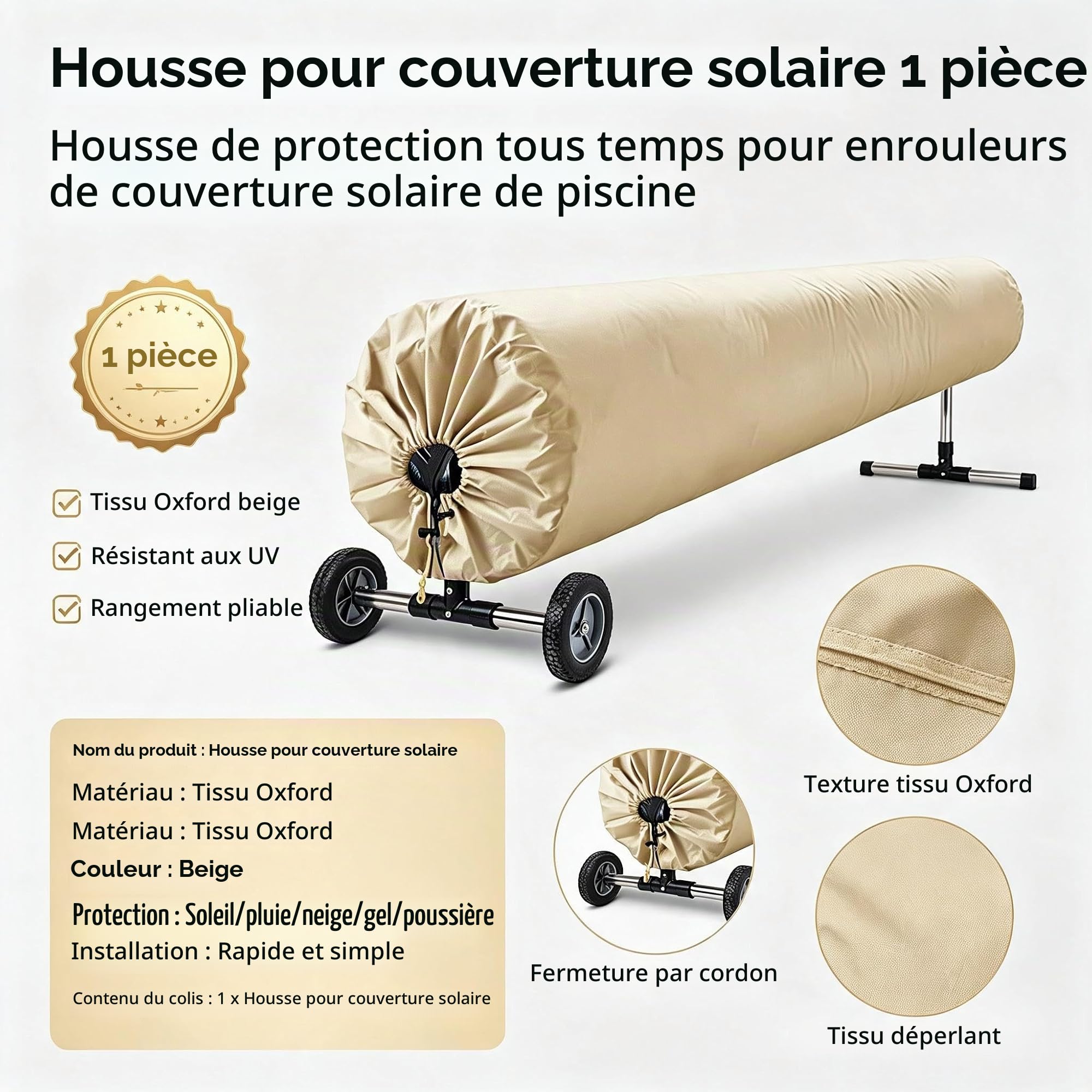 Enrouleur solaire pour piscine avec couvertures de protection en tissu Oxford 420D résistant Couverture solaire de protection pour jardin Couverture de piscine ovale Protecteur de citerne