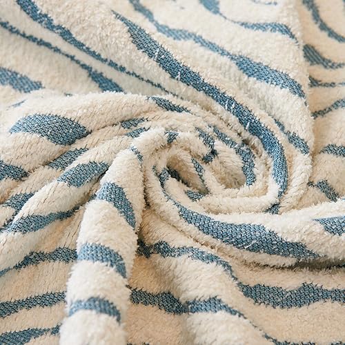 Miniatura 7 de ROOMLIFE Funda de sofá gruesa a rayas con borlas, funda de sofá de felpilla azul para sofá seccional, fundas de sofá suaves para sofá biplaza en