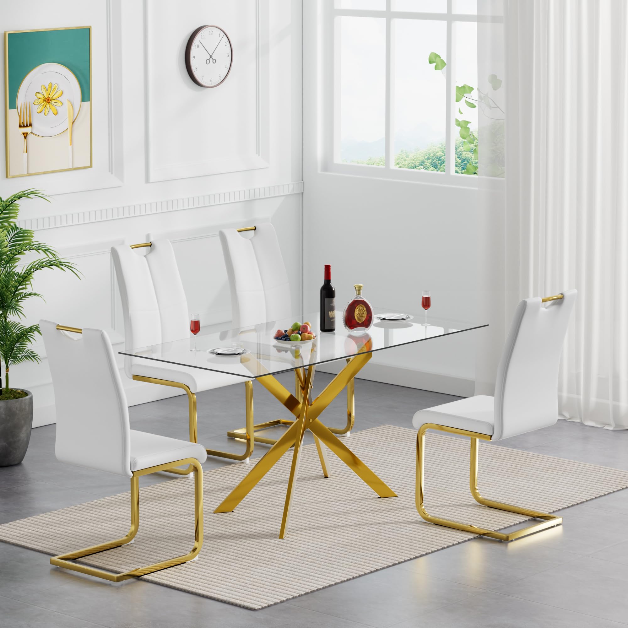 Henf 5 Piece Gold Dining Table Set for 4, Modern Glass Kitchen Table and Chairs for 4, Dining Room Table Set with 51" Glass Dinner Table & 4 White