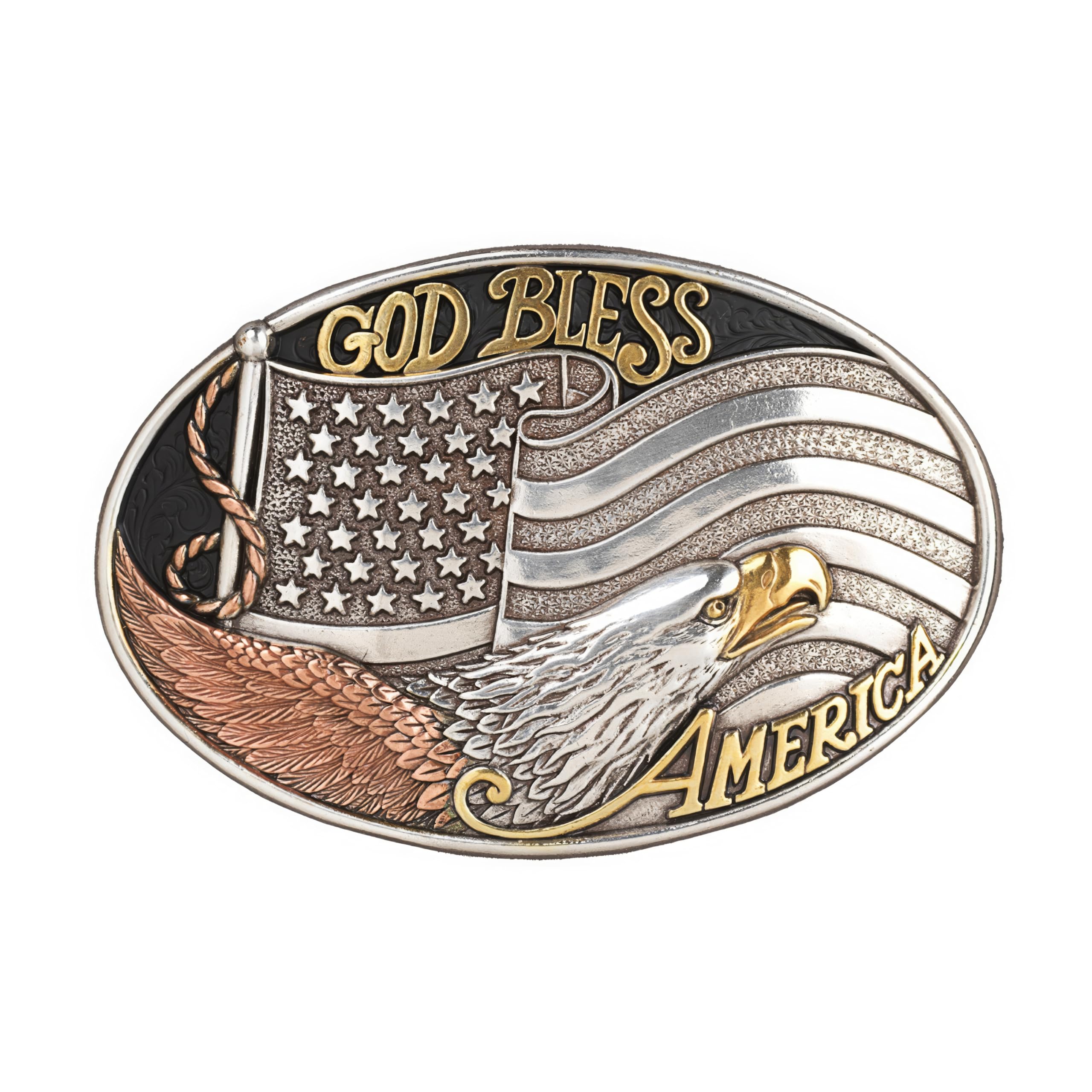 Nocona Belt Co. Men's Oval American Flag and Eagle Buckle with 'God Bless America' Engraving (Silver/Gold, 2-1/2