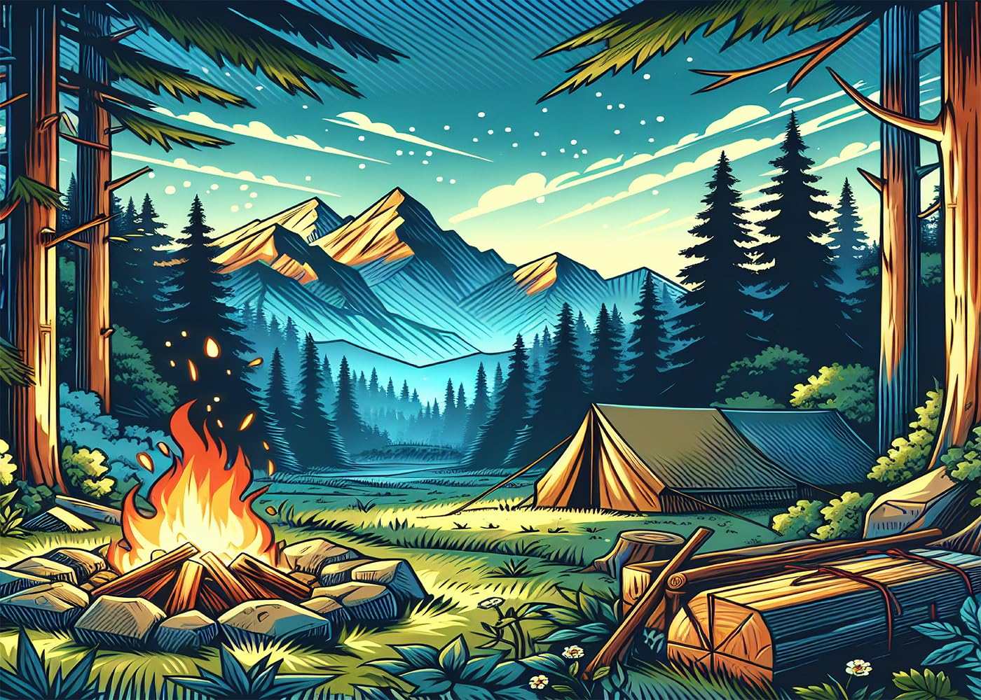 DePhoto 10x8FT Camping Backdrop Campfire Forest Scene Happy Camper Supplies Camping Theme Party Birthday Party Decoration Background