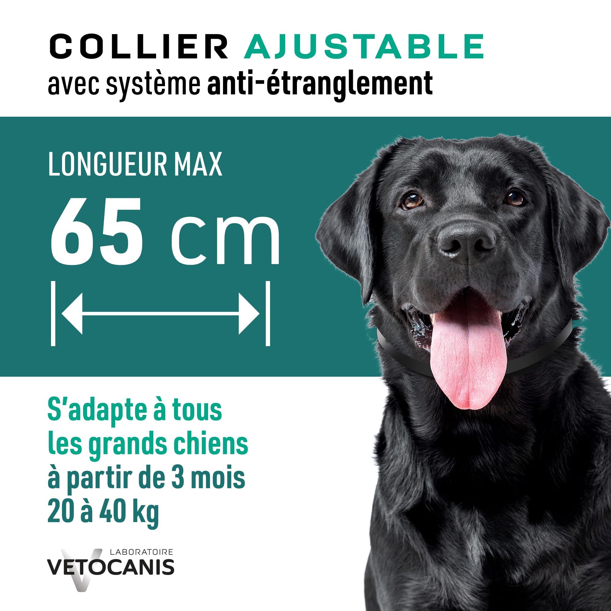 Vetocanis - Collier Répulsif Puces Tiques Moustiques - Protection 3 mois - Grand Chien 20 à 40 kg - Extraits Naturels Margosa et Lavandin